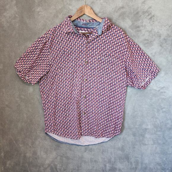 Tommy Bahama Men's 100% Silk Button Up Shirt Large Bamboo Buttons Red/White/Blue - Picture 1 of 10